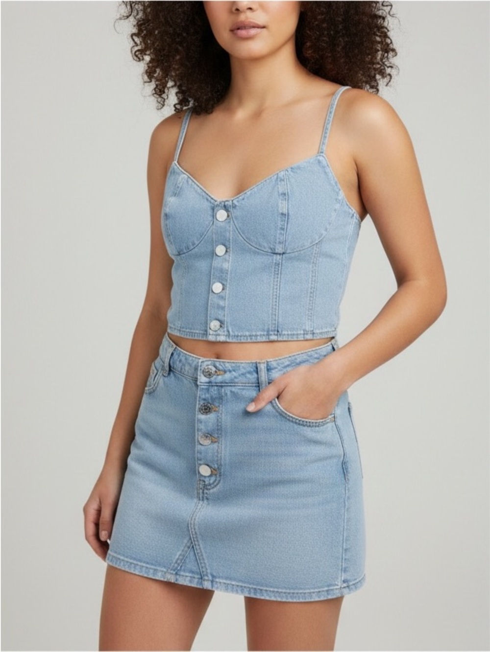 MOON RIVER Denim Bustier Light Wash Faux Button Adjustable Straps Top Size L NEW